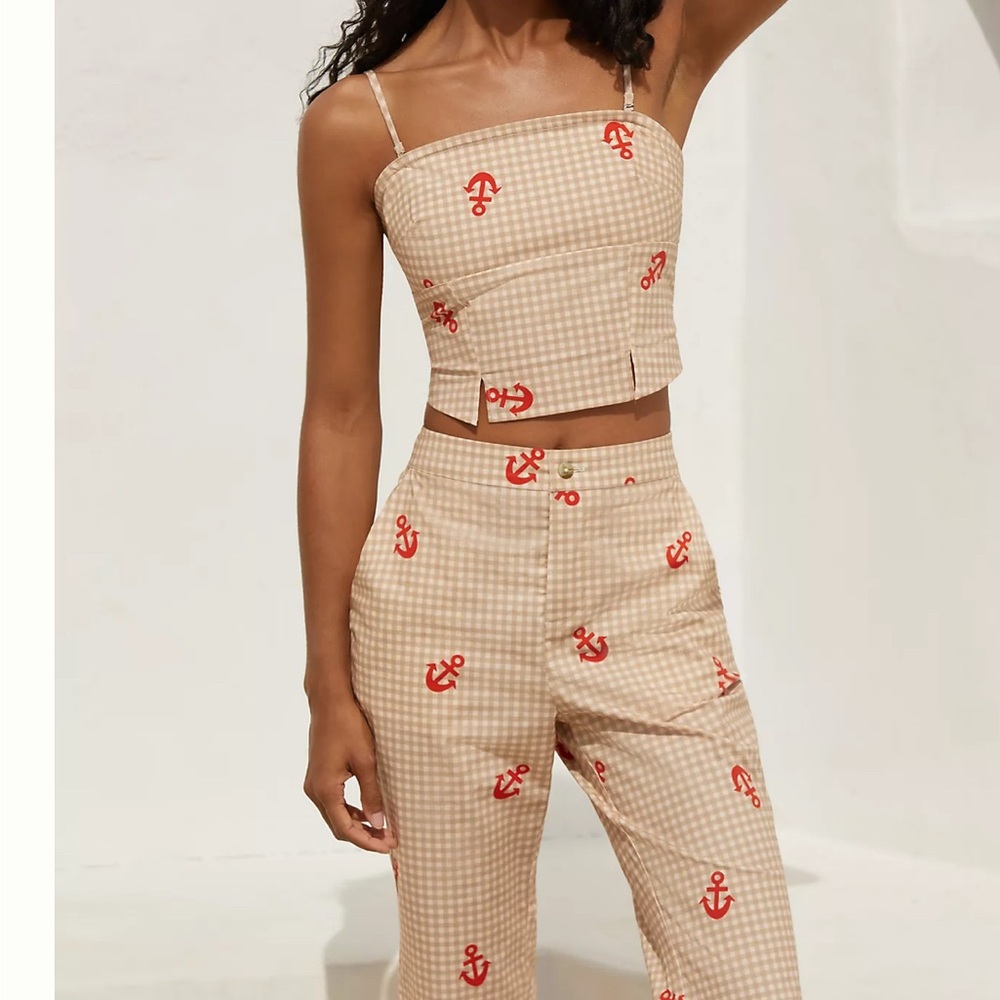 Anthropologie Tan and Red Straight Leg Pants
